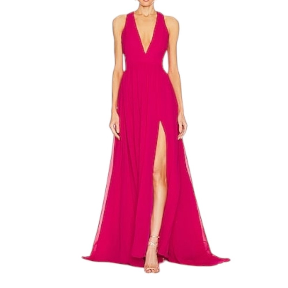 Revolve YAURA Foluke Chiffon Halter Slit Maxi Dress Pink Size M (UK 10)